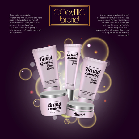 3D realistic cosmetic bottle ads template. Cosmetic brand advertising concept design with bubbles and sparkles.のイラスト素材