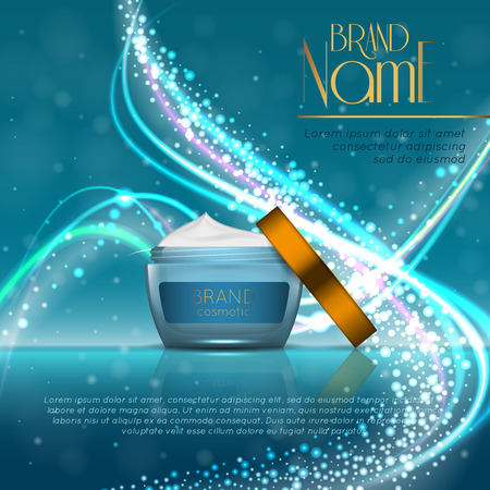 3D realistic cosmetic bottle ads template. Cosmetic brand advertising concept design with glitters and bokeh background.のイラスト素材