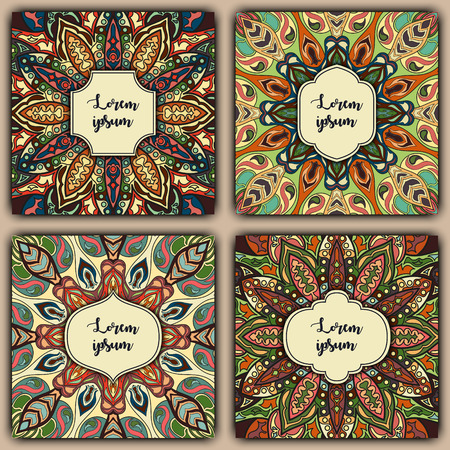 Set of mandala background cards. Vintage elements. Vector decorative retro greeting card or invitation design.のイラスト素材