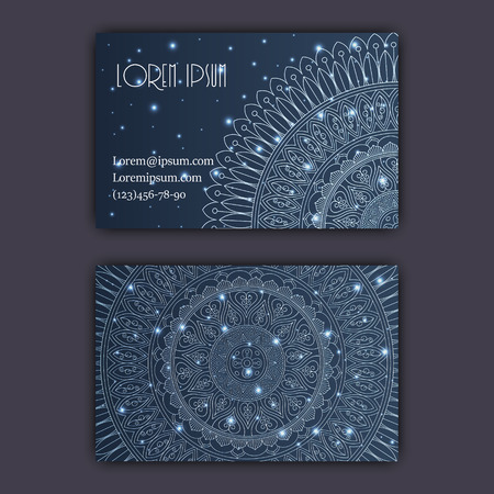 Vector vintage visiting card set. Glowing shiny floral mandala pattern and ornaments. Luxury designのイラスト素材