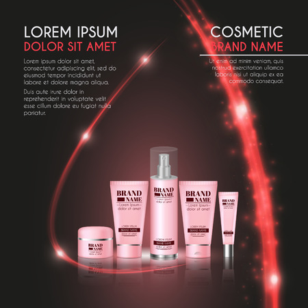 3D realistic cosmetic bottle ads template. Cosmetic brand advertising concept design with glowing sparkles and glitters abstract background.のイラスト素材