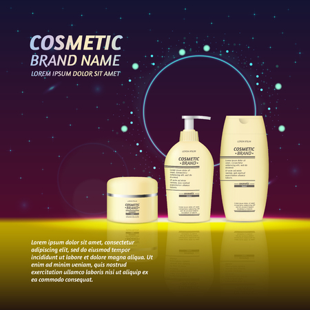 3D realistic cosmetic bottle ads template. Cosmetic brand advertising concept design with glitters and sparkles abstract sky background.のイラスト素材