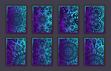 Card set with mosaic lace decorative elements background. Asian Indian oriental ornate bannersのイラスト素材