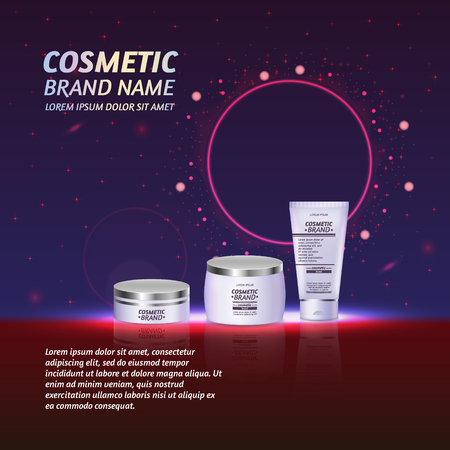 3D realistic cosmetic bottle ads template. Cosmetic brand advertising concept design with glitters and sparkles abstract sky background.のイラスト素材