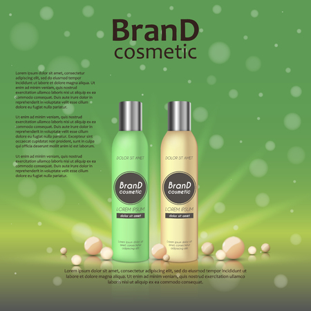 3D realistic cosmetic bottle ads template. Cosmetic brand advertising concept design on glowing background with pearls and sparkles.のイラスト素材
