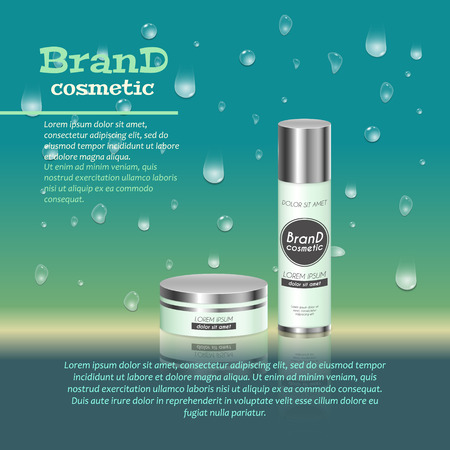3D realistic cosmetic bottle ads template. Cosmetic brand advertising concept design with water bubbles and waterdrops background.のイラスト素材
