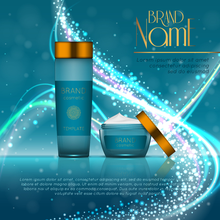 3D realistic cosmetic bottle ads template. Cosmetic brand advertising concept design with glitters and bokeh background.のイラスト素材