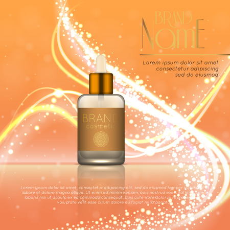 3D realistic cosmetic bottle ads template. Cosmetic brand advertising concept design with glitters and bokeh background.のイラスト素材