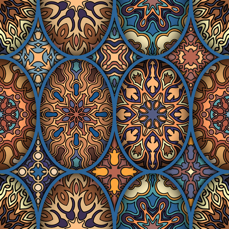Colorful vintage seamless pattern with floral and mandala elements.Hand drawn background. Can be used for fabric, wallpaper, tile, wrapping, covers and carpet. Islam, Arabic, Indian, ottoman motifs.のイラスト素材