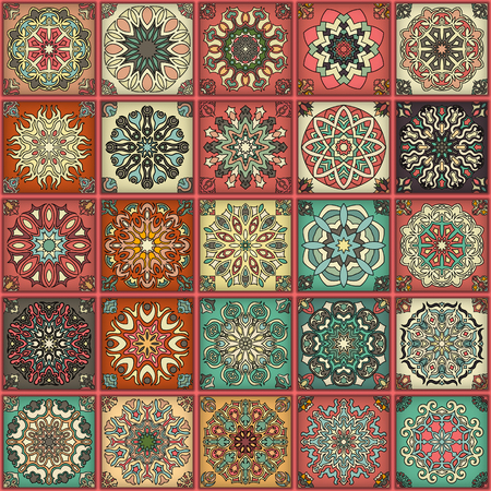 Colorful vintage  pattern with floral and mandala elements.のイラスト素材