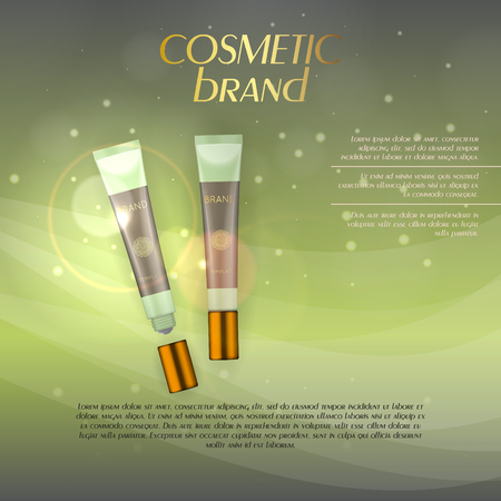 Vector 3D cosmetic illustration on a soft light background with flare effects. Beauty realistic cosmetic product design templateのイラスト素材