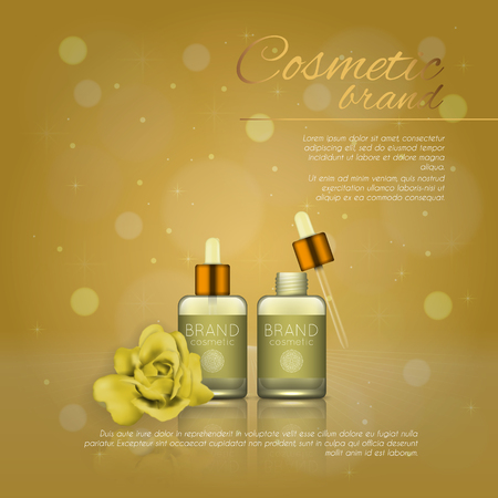A Vector 3D cosmetic illustration with rose and bokeh background. Beauty realistic cosmetic product design templateのイラスト素材