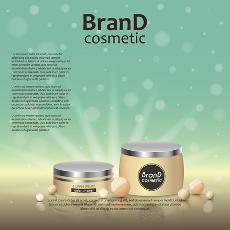 3D realistic cosmetic bottle ads template. Cosmetic brand advertising concept design on glowing background with pearls and sparkles.のイラスト素材
