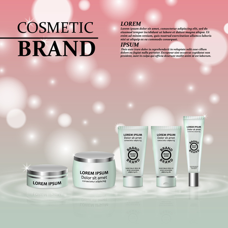 3D realistic cosmetic bottle ads template. Cosmetic brand advertising concept design with glitters and bokeh background.のイラスト素材