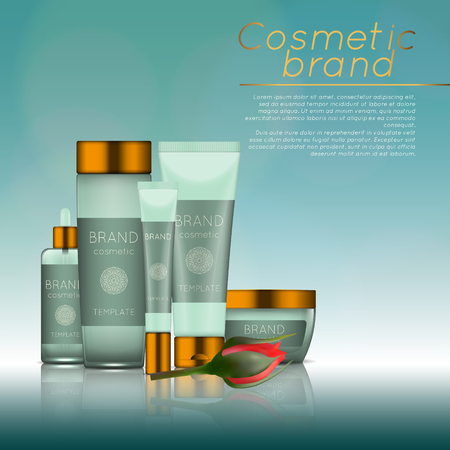 Vector 3D cosmetic illustration with rose and bokeh background. Beauty realistic cosmetic product design templateのイラスト素材
