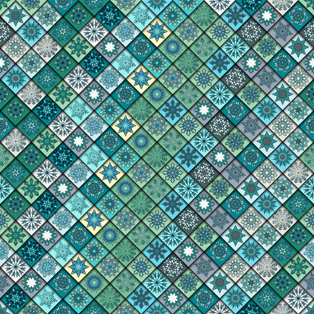 Vintage seamless pattern with tile patchwork elements. Winter ornament with snowflakes. Can be used for fabric, wallpaper, tile, wrapping, covers and carpet.のイラスト素材