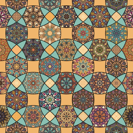 Colorful vintage seamless pattern with floral and mandala elements.Hand drawn background. Can be used for fabric, wallpaper, tile, wrapping, covers and carpet. Islam, Arabic, Indian, ottoman motifs.のイラスト素材