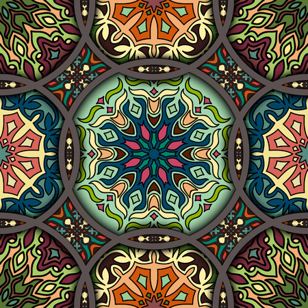 Colorful vintage seamless pattern with floral and mandala elements.Hand drawn background. Can be used for fabric, wallpaper, tile, wrapping, covers and carpet. Islam, Arabic, Indian, ottoman motifs.のイラスト素材