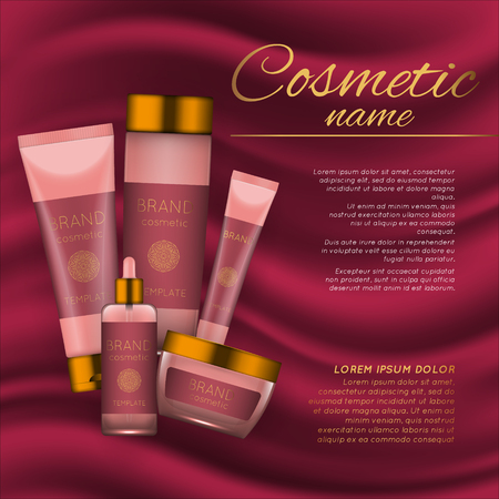 Vector 3D cosmetic illustration on a soft silk background. Beauty realistic cosmetic product design templateのイラスト素材
