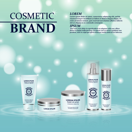 3D realistic cosmetic bottle ads template. Cosmetic brand advertising concept design with glitters and bokeh background.のイラスト素材