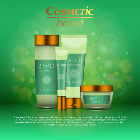 Vector 3D cosmetic illustration on a soft light blurred background with bokeh. Beauty realistic cosmetic product design templateのイラスト素材