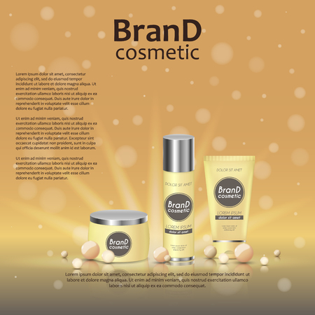 3D realistic cosmetic bottle ads template. Cosmetic brand advertising concept design on glowing background with pearls and sparkles.のイラスト素材
