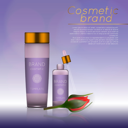 A Vector 3D cosmetic illustration with rose and bokeh background. Beauty realistic cosmetic product design templateのイラスト素材
