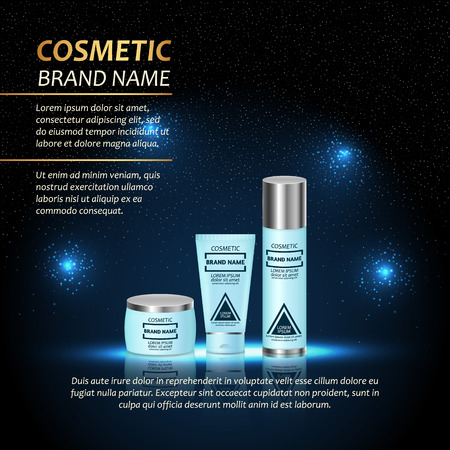 3D realistic cosmetic bottle ads template. Cosmetic brand advertising concept design with abstract glowing lights and sparkles background.のイラスト素材