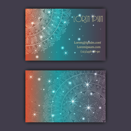 Vector vintage visiting card set. Glowing shiny floral mandala pattern and ornaments. Luxury designのイラスト素材