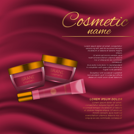 Vector 3D cosmetic illustration on a soft silk background. Beauty realistic cosmetic product design templateのイラスト素材