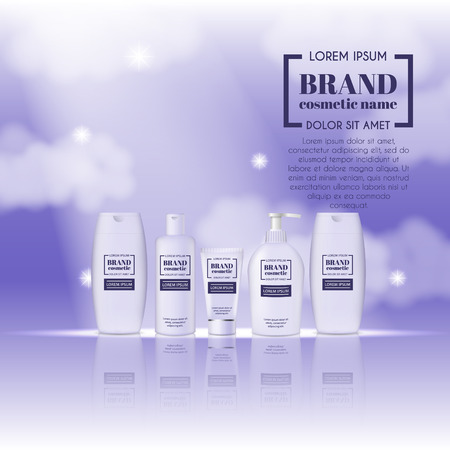 3D realistic cosmetic bottle ads template. Cosmetic brand advertising concept design on sky background with clouds.のイラスト素材