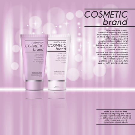 3D realistic cosmetic bottle ads template. Cosmetic brand advertising concept design with glitters and bokeh background.のイラスト素材