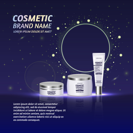 3D realistic cosmetic bottle ads template. Cosmetic brand advertising concept design with glitters and sparkles abstract sky background.のイラスト素材