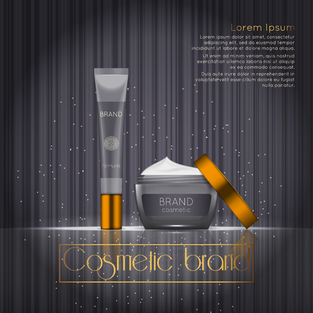 3D realistic cosmetic bottle ads template. Cosmetic brand advertising concept design with glowing sparkles on abstract texture background.のイラスト素材