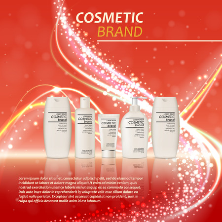 3D realistic cosmetic bottle ads template. Cosmetic brand advertising concept design with glitters and bokeh background.のイラスト素材