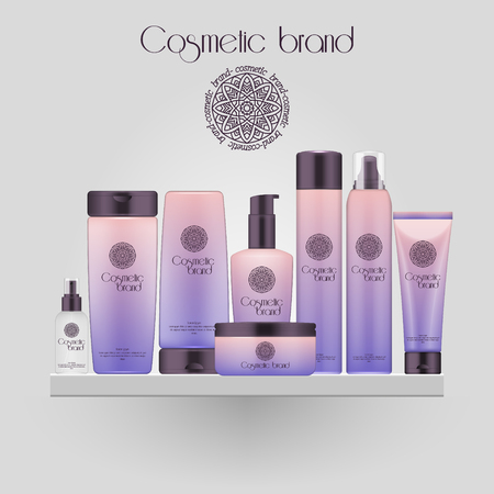 Set of realistic gradient color cosmetic bottle. 3D mockup bottle isolated on white background. Cosmetic products packageのイラスト素材