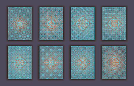 Card set with mosaic lace decorative elements background. Asian Indian oriental ornate bannersのイラスト素材