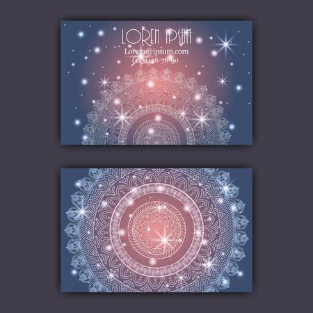 Vector vintage visiting card set. Glowing shiny floral mandala pattern and ornaments. Luxury designのイラスト素材
