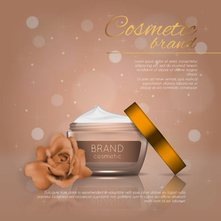 Vector 3D cosmetic illustration with rose and bokeh background. Beauty realistic cosmetic product design templateのイラスト素材