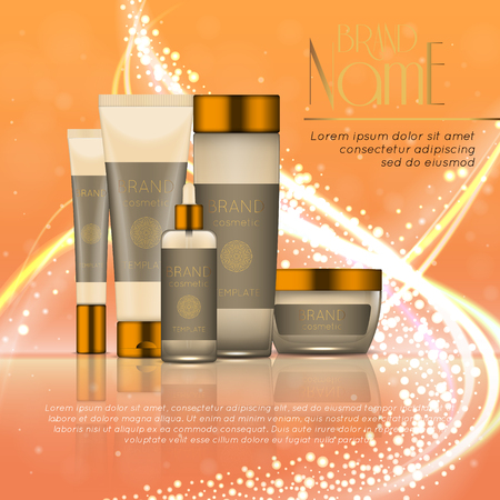 3D realistic cosmetic bottle ads template. Cosmetic brand advertising concept design with glitters and bokeh background.のイラスト素材