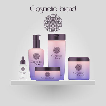 Set of realistic gradient color cosmetic bottle. 3D mockup bottle isolated on white background. Cosmetic products package.のイラスト素材