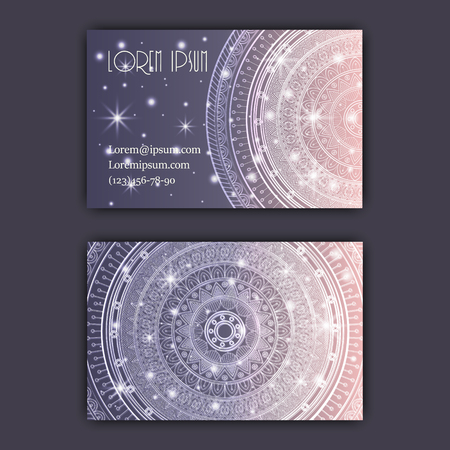 Vector vintage visiting card set. Glowing shiny floral mandala pattern and ornaments. Luxury designのイラスト素材