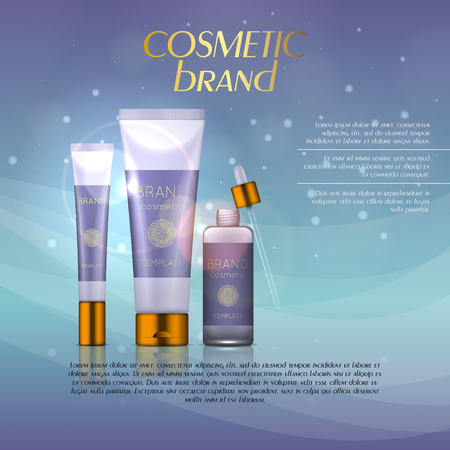Vector 3D cosmetic illustration on a soft light background with flare effects. Beauty realistic cosmetic product design templateのイラスト素材