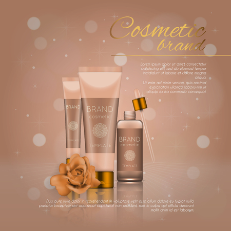Vector 3D cosmetic illustration with rose and bokeh background. Beauty realistic cosmetic product design templateのイラスト素材