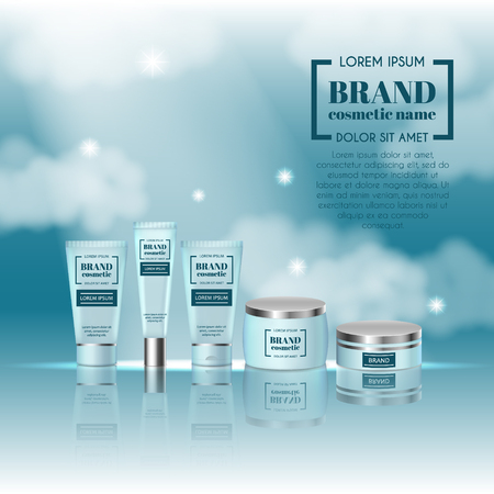 3D realistic cosmetic bottle ads template. Cosmetic brand advertising concept design on sky background with clouds.のイラスト素材