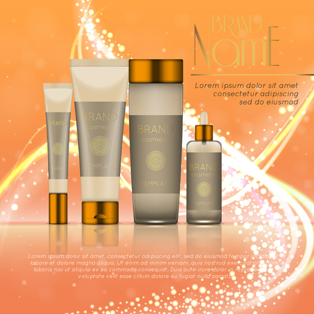 3D realistic cosmetic bottle ads template. Cosmetic brand advertising concept design with glitters and bokeh background.のイラスト素材