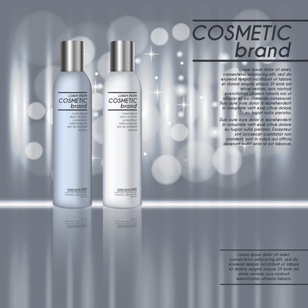 3D realistic cosmetic bottle ads template. Cosmetic brand advertising concept design with glitters and bokeh background.のイラスト素材