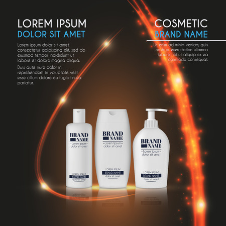 3D realistic cosmetic bottle ads template. Cosmetic brand advertising concept design with glowing sparkles and glitters abstract background.のイラスト素材