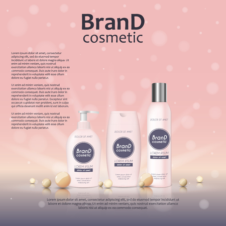 3D realistic cosmetic bottle ads template. Cosmetic brand advertising concept design on glowing background with pearls and sparkles.のイラスト素材
