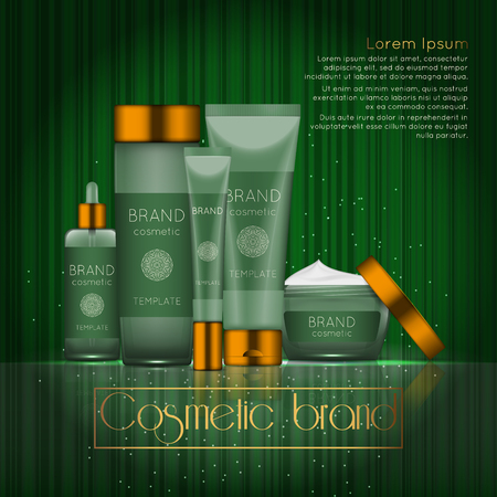 3D realistic cosmetic bottle ads template. Cosmetic brand advertising concept design with glowing sparkles on abstract texture background.のイラスト素材